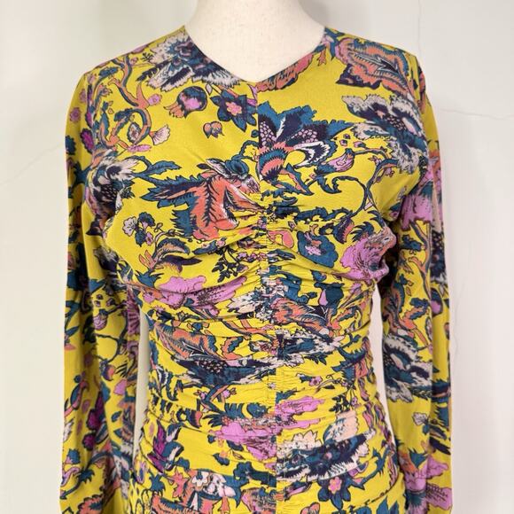 Etro Yellow Floral Silk Blend Ruched Mini Dress Size 42 NWT Italy Romantic - Picture 2 of 12